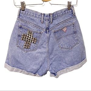 Guess Size 31 Vintage‎ Light Wash Silver Cross Studded High Rise Mom Jeans
